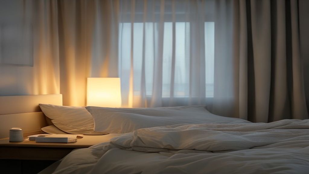 Fredelig sovende person i mørk soveværelse med blødt lys fra natlampe