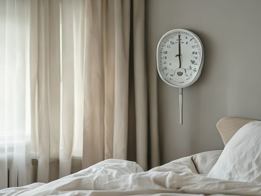 Stueværelse med termometer, der viser kølig temperatur omkring 17 grader